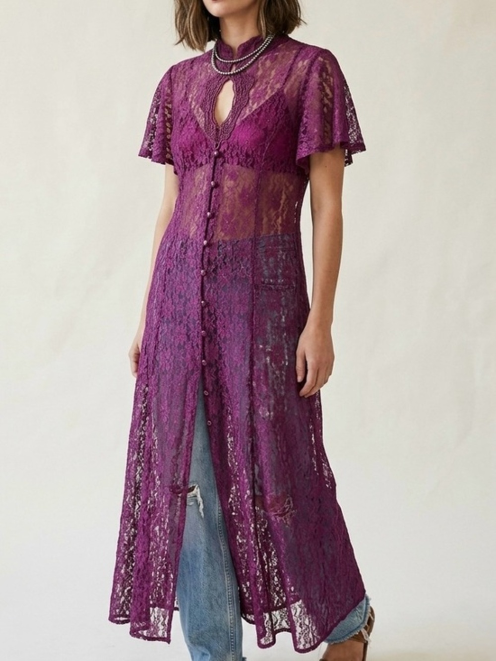 DAWN JOY Vintage Purple Floral Lace Duster Maxi Dress Keyhole Mock Neck 14P
